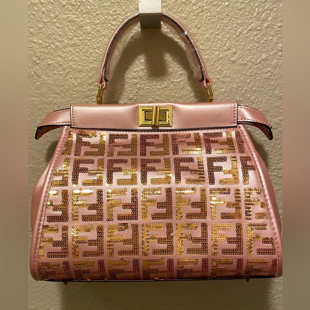 Beautiful Satin Finish Pink Sequined Handbag. New